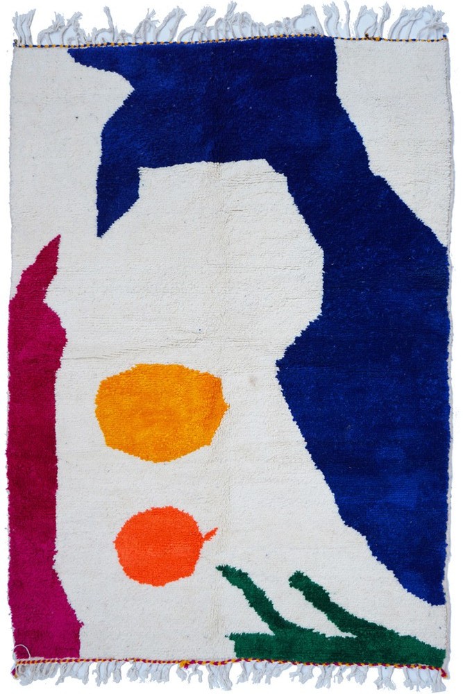 Großer marokkanischer Berber-Teppich aus Wolle, Azilal, mit abstrakten blauen, gelben, roten und grünen Mustern.