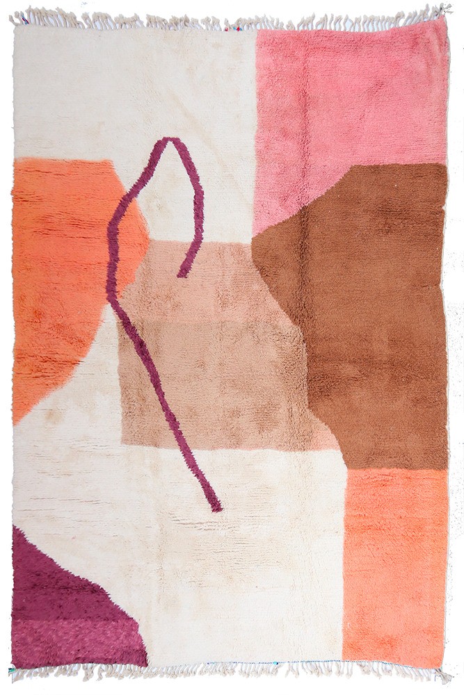Very large white Azilal Berber rug with splashes of green, salmon, brown, and pink colors.