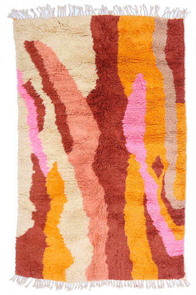 Large modern Azilal Berber carpet with splashes of pink, yellow, and brown colors.
