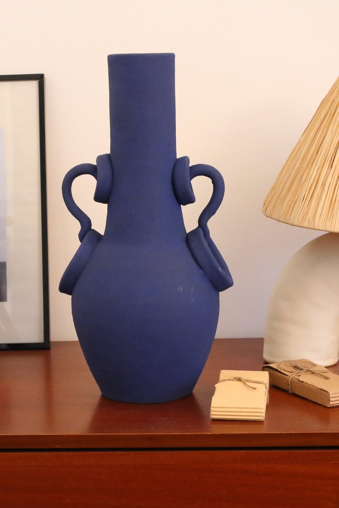 Große handgefertigte blaue Keramikvase aus Marokko