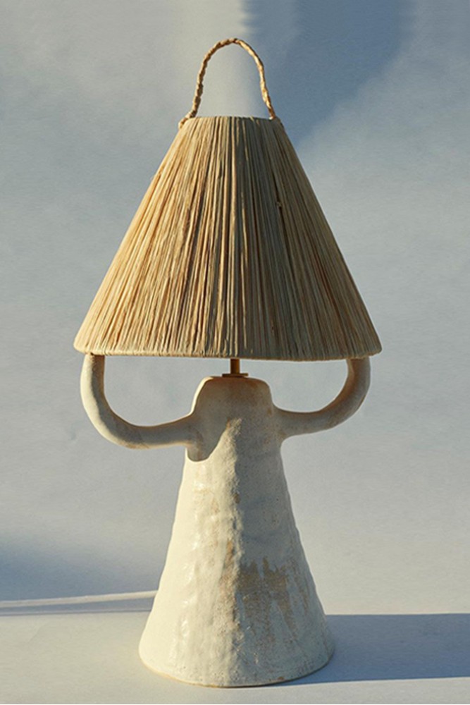 White ceramic lamp and handmade straw made in Barcelona