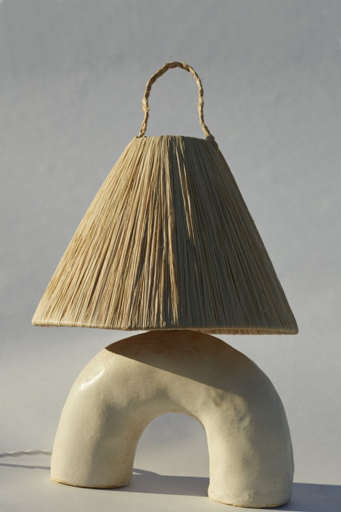 White ceramic lamp and handmade straw made in Barcelona