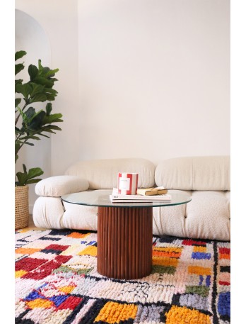 Table basse en bois et plateau verre de 70cm avec un pied &agrave; rayures
