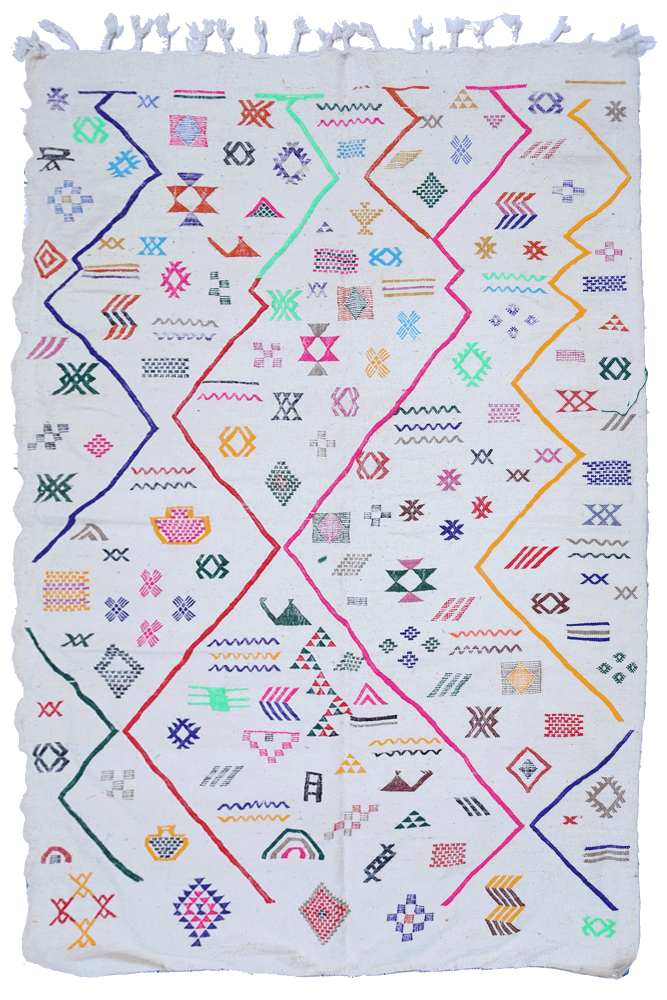 Large white wool Berber Kilim rug with neon green, blue, pink, and orange patterns