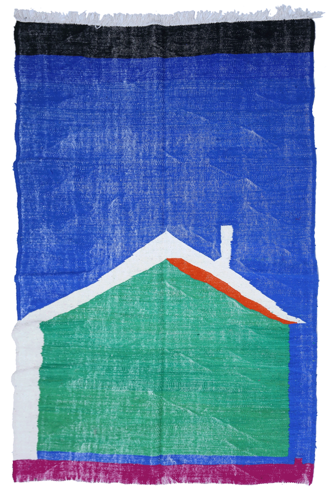 Grand tapis berbère Kilim en laine moderne avec des aplats de couleurs en bleu rose et vert