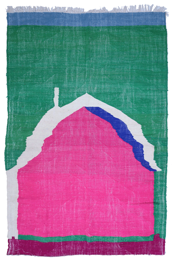 Large modern Berber Kilim wool carpet with blocks of colors in blue, pink, and green.