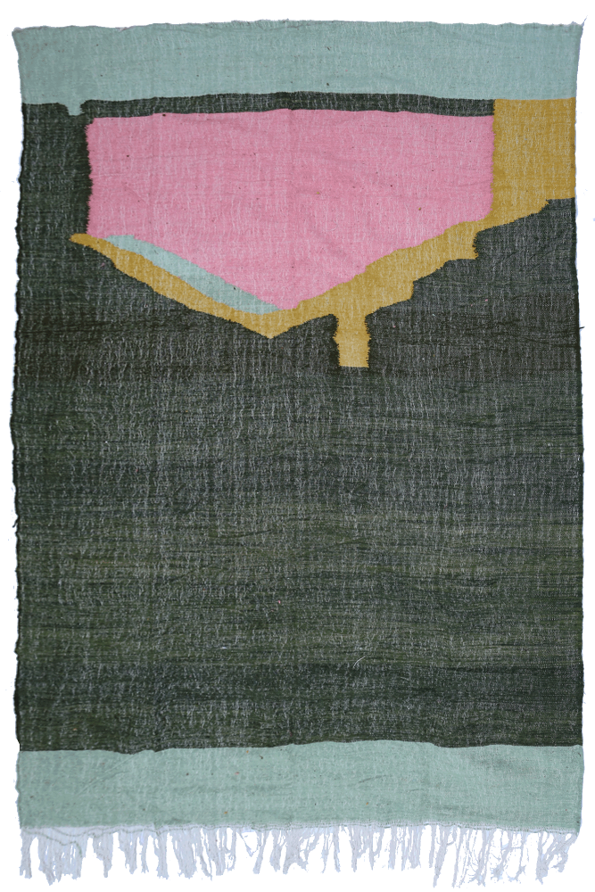 Grande moderna coperta Kilim berbera in lana verde, rosa e gialla.