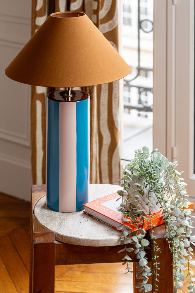Travertine and wood end table