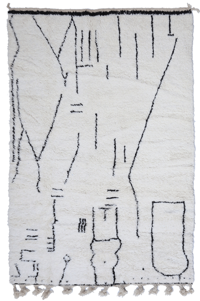 Grand tapis berbère Béni Ouarain blanc avec des asymétriques noires