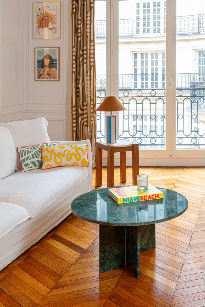 Handcrafted round coffee table made of emerald marble in Morocco.