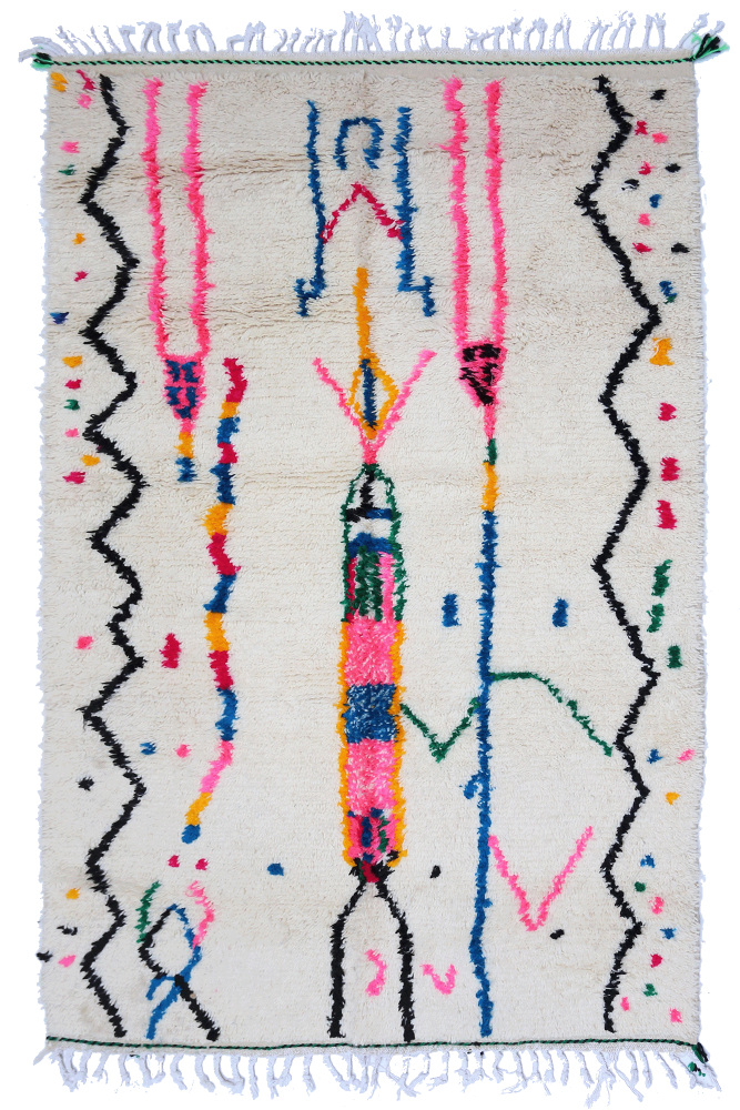 Large white Azilal Berber carpet with dots and patterns in pink, orange, blue, pink, and yellow.