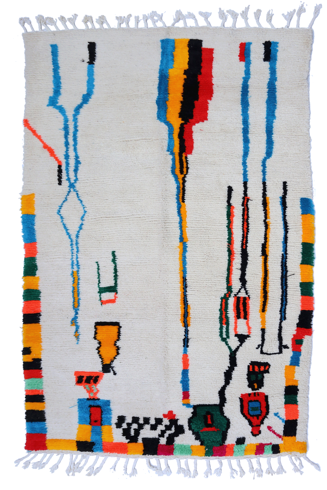 Large modern white Azilal Berber rug with motifs in pink, blue, yellow, and red.
